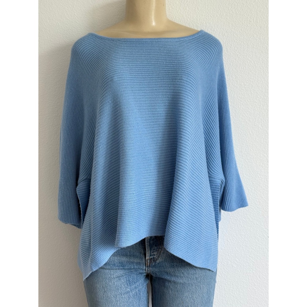 Fate Blue Ribbed Knit Sweater Oversized Boat Neck Dolman Cozy Minimalist Chic S